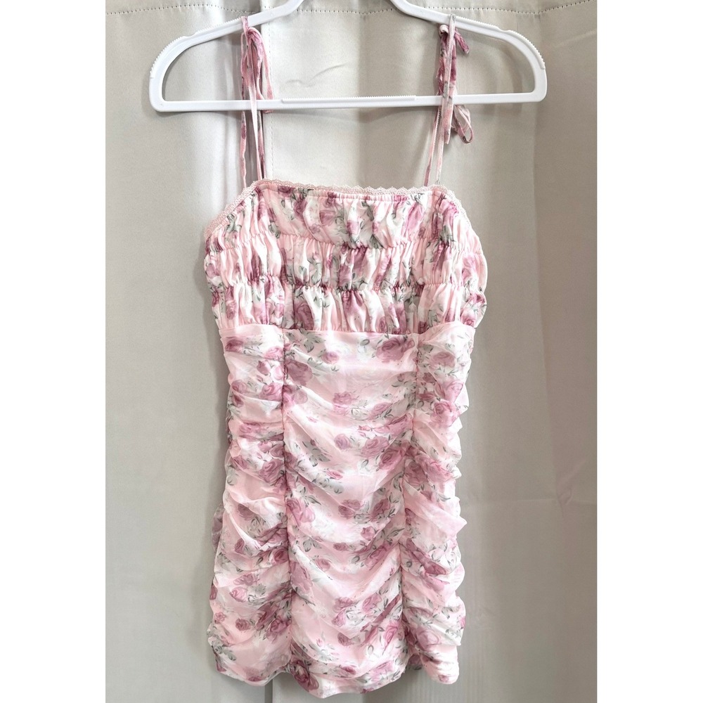 Woven Pink Margot Floral Ruched Mini Dress Baby Pink Juniors Large Fairy 19766